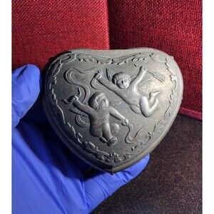 Heart-Shaped Box Trinket Jewelry Vintage 1950 Cherubs Silver Red Velvet Lining